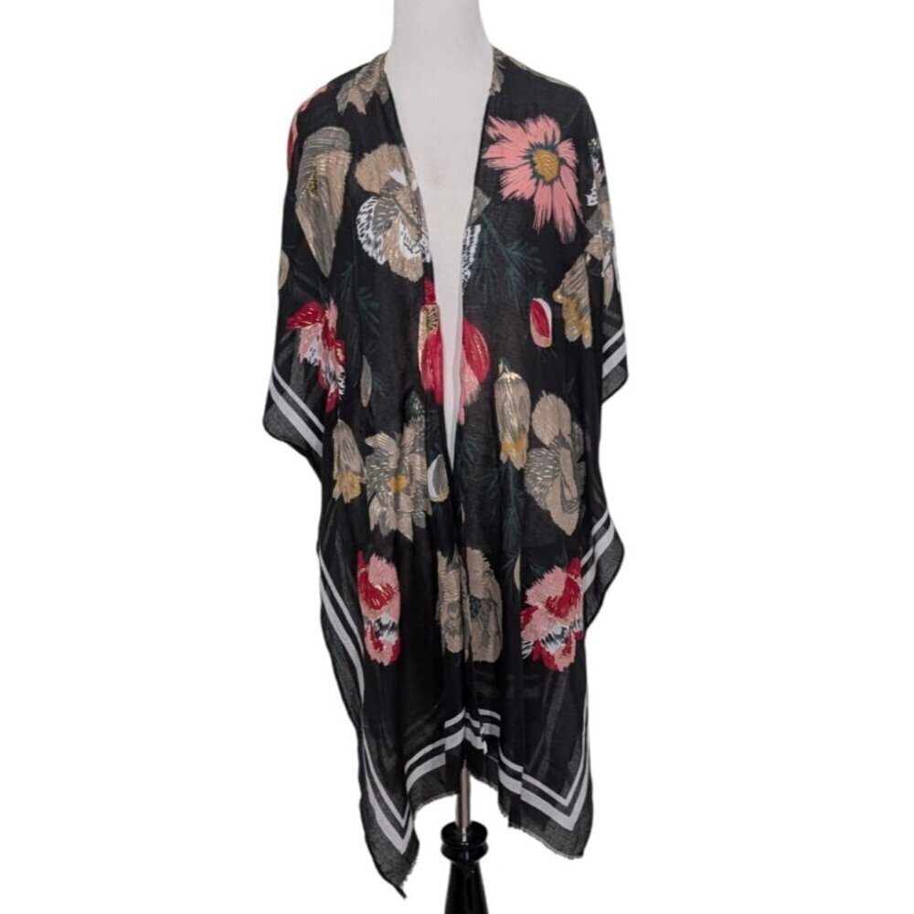 Woven Heart Floral Kimono Cardigan Womens One Size Black Lightweight Boho